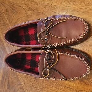 Men's Brown Leather Moccasins Sz 11 Rich Old Money Classic Dapper Buffalo Check
